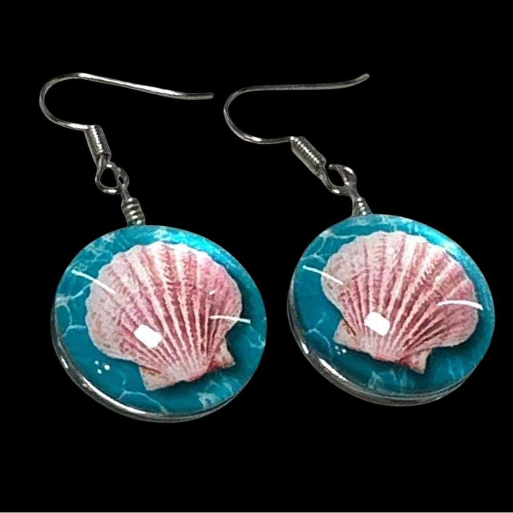 Boho Seashell Dangle Earrings Silver Tone Blue Pink